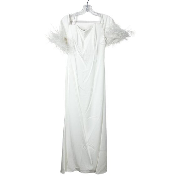 NWT Mac Duggal Feather Trim Off The Shoulder Column Gown White 6 #9585 #9593 - Picture 4 of 9